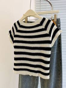 Franclia New Arrival Niche Design Striped Round Neck Chic Versatile Slim Fit Cardigan For Women - Black - View 2