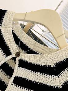 Franclia New Arrival Niche Design Striped Round Neck Chic Versatile Slim Fit Cardigan For Women - Black - View 6