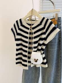 Franclia New Arrival Niche Design Striped Round Neck Chic Versatile Slim Fit Cardigan For Women - Black - View 4