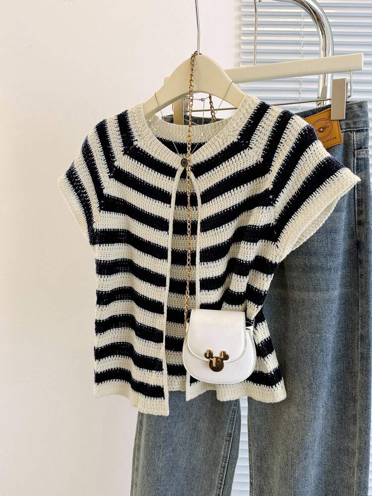 Franclia New Arrival Niche Design Striped Round Neck Chic Versatile Slim Fit Cardigan For Women - Black - View 4