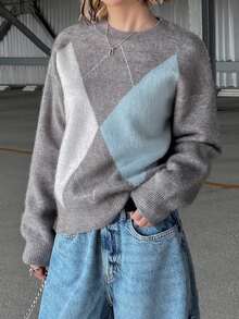 FRIFUL Women's Autumn Contrast Color Diamond Pattern Sweater - Grey - View 7