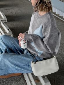 FRIFUL Women's Autumn Contrast Color Diamond Pattern Sweater - Grey - View 5