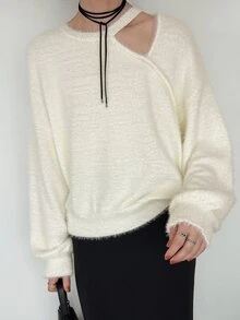 FRIFUL Sweater Wanita Warna Polos dengan Potongan Berongga untuk Musim Gugur - Krem - View 5