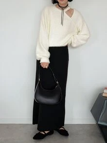 FRIFUL Sweater Wanita Warna Polos dengan Potongan Berongga untuk Musim Gugur - Krem - View 6