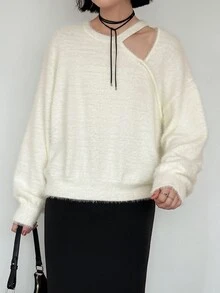 FRIFUL Sweater Wanita Warna Polos dengan Potongan Berongga untuk Musim Gugur - Krem - View 2