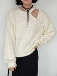 FRIFUL Sweater Wanita Warna Polos dengan Potongan Berongga untuk Musim Gugur - Krem - View 4