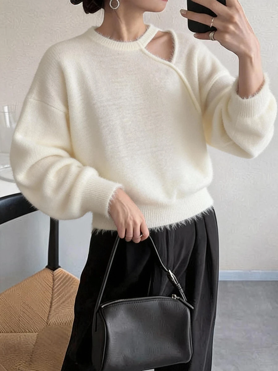 FRIFUL Sweater Wanita Warna Polos dengan Potongan Berongga untuk Musim Gugur - Krem - View 1