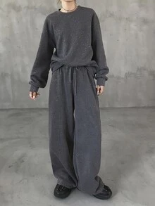 FRIFUL Women's Autumn Sequin Decorated Drop Shoulder Long Sleeve Sweatshirt And Pants 2 Pieces Set - Dark Grey - View 2