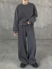 FRIFUL Women's Autumn Sequin Decorated Drop Shoulder Long Sleeve Sweatshirt And Pants 2 Pieces Set - Dark Grey - View 4