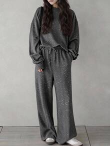 FRIFUL Women's Autumn Sequin Decorated Drop Shoulder Long Sleeve Sweatshirt And Pants 2 Pieces Set - Dark Grey - View 1