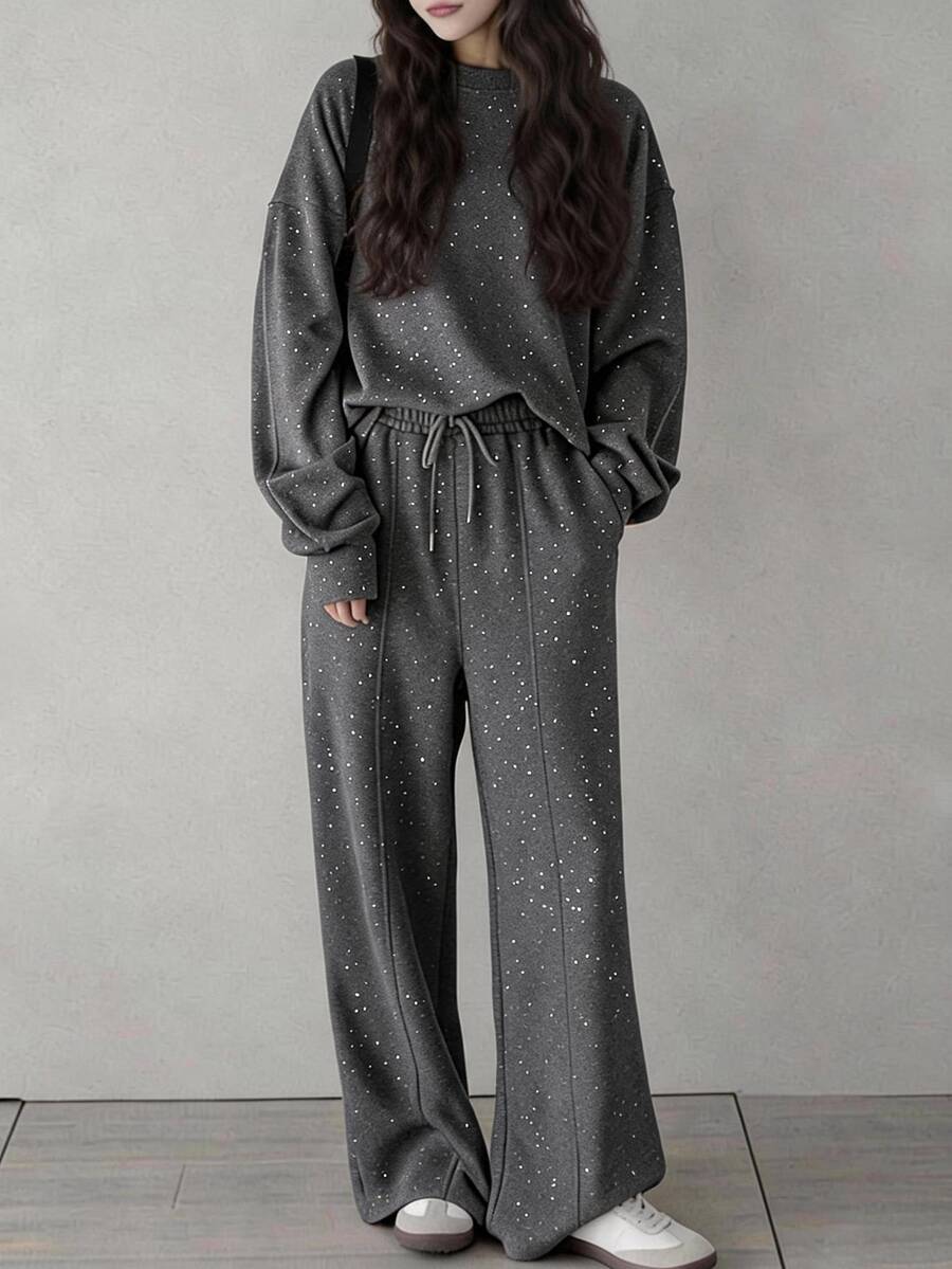 FRIFUL Women's Autumn Sequin Decorated Drop Shoulder Long Sleeve Sweatshirt And Pants 2 Pieces Set - Dark Grey - View 1