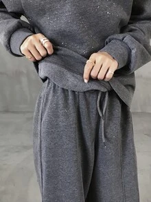 FRIFUL Women's Autumn Sequin Decorated Drop Shoulder Long Sleeve Sweatshirt And Pants 2 Pieces Set - Dark Grey - View 6