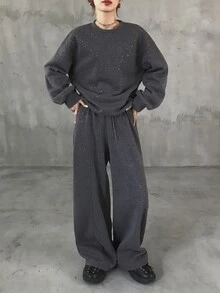 FRIFUL Women's Autumn Sequin Decorated Drop Shoulder Long Sleeve Sweatshirt And Pants 2 Pieces Set - Dark Grey - View 3