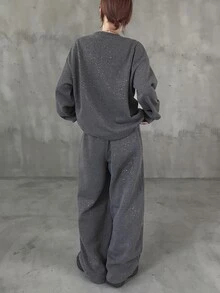 FRIFUL Women's Autumn Sequin Decorated Drop Shoulder Long Sleeve Sweatshirt And Pants 2 Pieces Set - Dark Grey - View 7