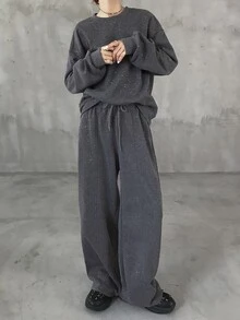 FRIFUL Women's Autumn Sequin Decorated Drop Shoulder Long Sleeve Sweatshirt And Pants 2 Pieces Set - Dark Grey - View 5