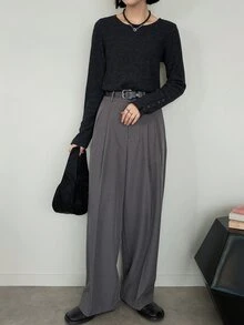 FRIFUL Women's Korean Autumn Solid Color T-Shirt With Cuff Button Decor - Grey - View 6