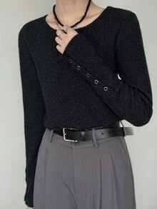 FRIFUL Women's Korean Autumn Solid Color T-Shirt With Cuff Button Decor - Grey - View 2
