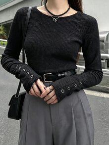 FRIFUL Women's Korean Autumn Solid Color T-Shirt With Cuff Button Decor - Grey - View 1