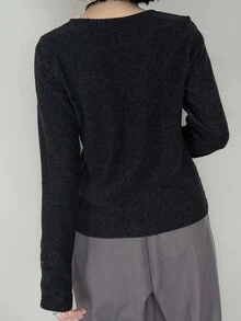 FRIFUL Women's Korean Autumn Solid Color T-Shirt With Cuff Button Decor - Grey - View 7