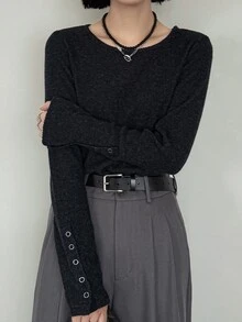 FRIFUL Women's Korean Autumn Solid Color T-Shirt With Cuff Button Decor - Grey - View 4