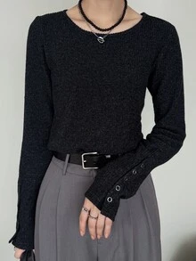 FRIFUL Women's Korean Autumn Solid Color T-Shirt With Cuff Button Decor - Grey - View 3