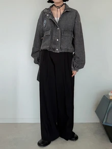 FRIFUL Jaket Denim Slim Fit Kasual Wanita, Musim Gugur - Dark Grey - View 3