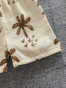 SHEIN 男童棕榈树印花短袖衬衫和短裤两件套，休闲夏季服装 - 卡其色 - 查看 7
