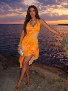 SHEIN Allurite Asymmetric Hem Printed Halter Neck Dress, Women's Vacation Pink Dress - Orange - View 5