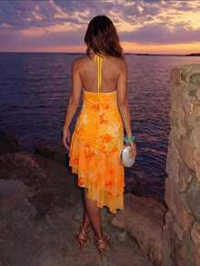SHEIN Allurite Asymmetric Hem Printed Halter Neck Dress, Women's Vacation Pink Dress - Orange - View 2