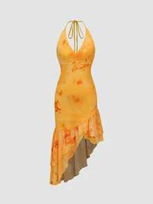 SHEIN Allurite Asymmetric Hem Printed Halter Neck Dress, Women's Vacation Pink Dress - Orange - View 4