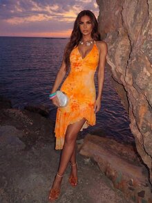 SHEIN Allurite Asymmetric Hem Printed Halter Neck Dress, Women's Vacation Pink Dress - Orange - View 3