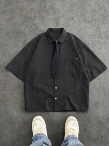 NORVETH Men's Striped Drawstring Collar Casual Versatile Daily Wear Shirt - Black - View 2