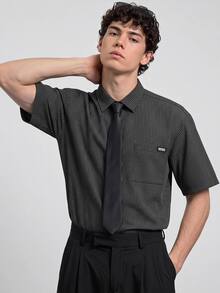 NORVETH Men's Striped Drawstring Collar Casual Versatile Daily Wear Shirt - Black - View 1