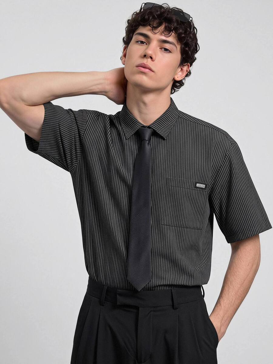 NORVETH Men's Striped Drawstring Collar Casual Versatile Daily Wear Shirt - Black - View 1