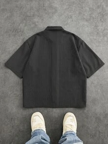 NORVETH Men's Striped Drawstring Collar Casual Versatile Daily Wear Shirt - Black - View 4