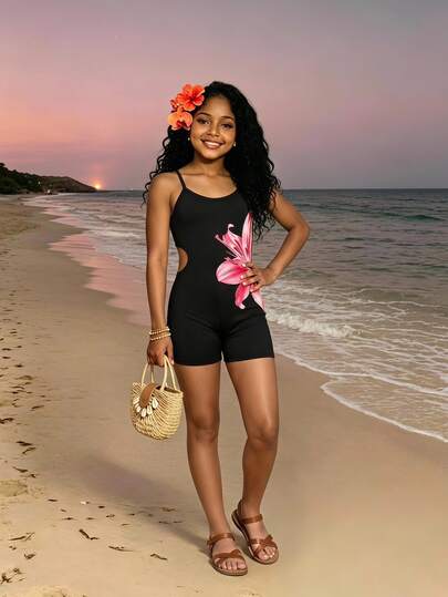 SHEIN Tween Girl Letter Print Sports Casual Cami Black Adjustable Romper 2025 Back-To-School Season Tween Girl College Outfits And Campus Sportswear