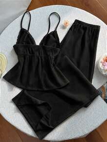 Flirla Conjunto de pantalones de pierna ancha versátiles para ir y venir y de vacaciones, con tela texturizada, patchwork y ribete de encaje en estilo Y2K - Negro - Ver 2
