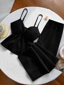 Flirla Conjunto de pantalones de pierna ancha versátiles para ir y venir y de vacaciones, con tela texturizada, patchwork y ribete de encaje en estilo Y2K - Negro - Ver 4
