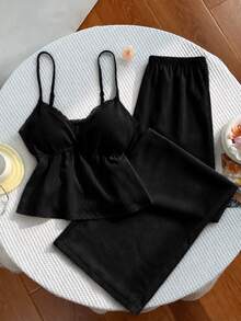 Flirla Conjunto de pantalones de pierna ancha versátiles para ir y venir y de vacaciones, con tela texturizada, patchwork y ribete de encaje en estilo Y2K - Negro - Ver 3