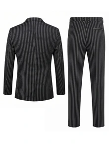 Manfinity Mode Men's Striped Long Sleeve Blazer And Pants Casual Commute Travel Suit Set, Formal, Old Money - Black - View 2