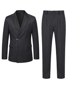 Manfinity Mode Men's Striped Long Sleeve Blazer And Pants Casual Commute Travel Suit Set, Formal, Old Money - Black - View 3