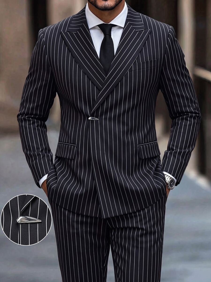 Manfinity Mode Men's Striped Long Sleeve Blazer And Pants Casual Commute Travel Suit Set, Formal, Old Money - Black - View 1