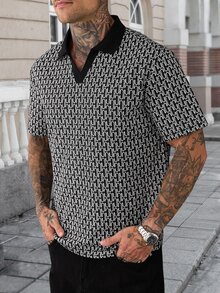 Manfinity CasualCool 男士短袖紋理布料圖案領子 Polo 衫，適合外出與聚會 - 黑色 - 查看 5