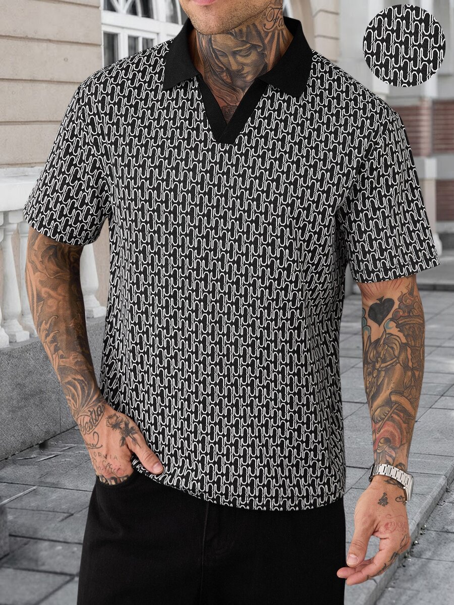 Manfinity CasualCool 男士短袖紋理布料圖案領子 Polo 衫,適合外出與聚會 - 黑色 - 查看 1