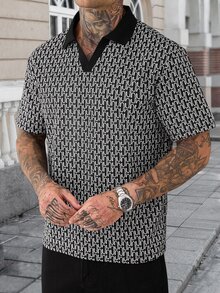 Manfinity CasualCool 男士短袖紋理布料圖案領子 Polo 衫，適合外出與聚會 - 黑色 - 查看 4