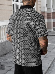 Manfinity CasualCool 男士短袖紋理布料圖案領子 Polo 衫，適合外出與聚會 - 黑色 - 查看 2