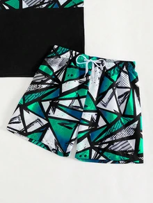 SHEIN 紅白藍配色青少年男孩泳裝套裝，夏季休閒度假兒童幾何印花快乾防曬短袖上衣＋短褲 2 件套穿搭 - 綠色 - 查看 6