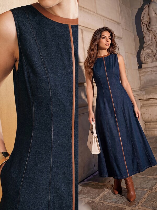 Anewsta Women's Modern Fashion PU Collar Contrast Color Faux Denim Effect Long A-Line Sleeveless Dress, Women's Navy Blue Dress, Women's Office Commute Outfit, Going Out Dress, Country Concert Outfit