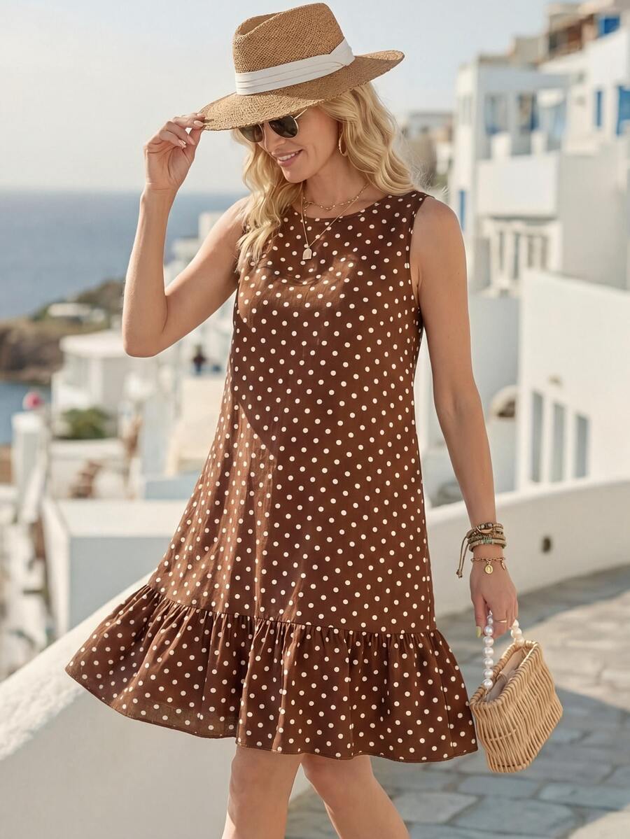 Faunlyn Vestido smock de lunares bajo con fruncido - Marrón - Ver 1