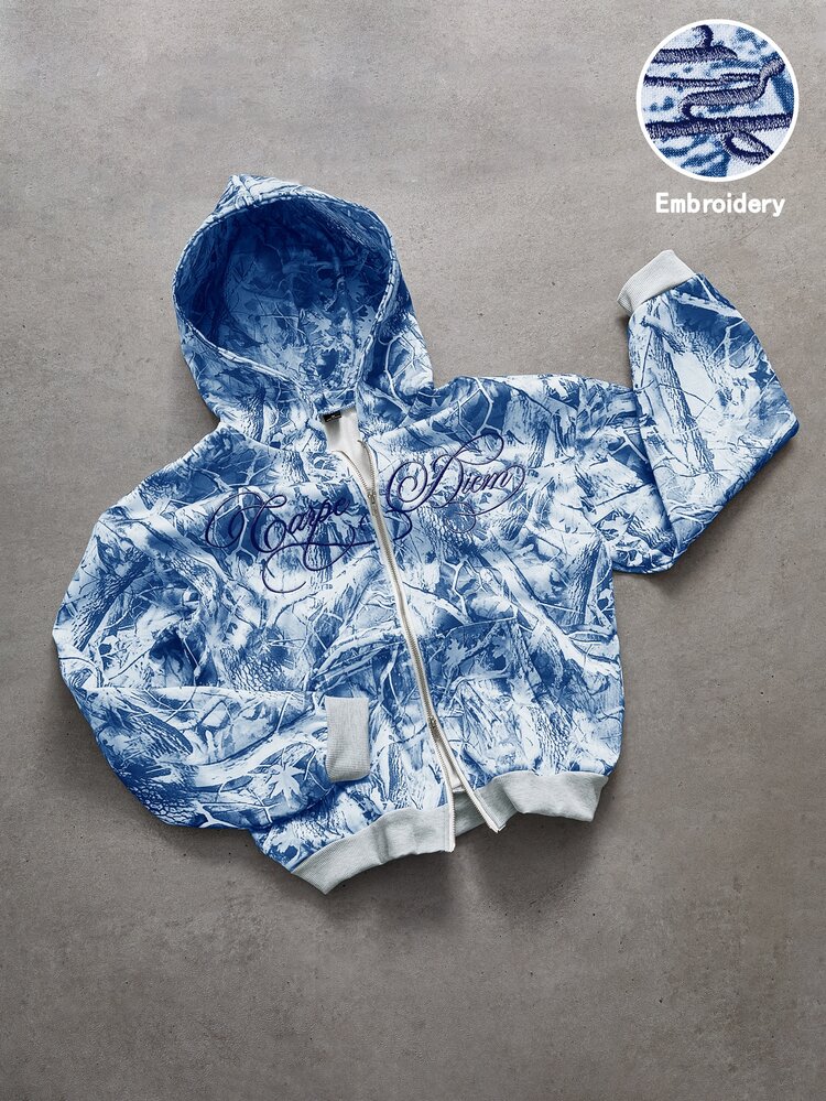 PAVTROS Men's Blue And White Camo Print Sweatshirt,Autumn Streetwear City Break Style With 3D Embroidered Text And Fuzzy Collar,Casual Outdoor Music Festival - Multicolor - View 2
